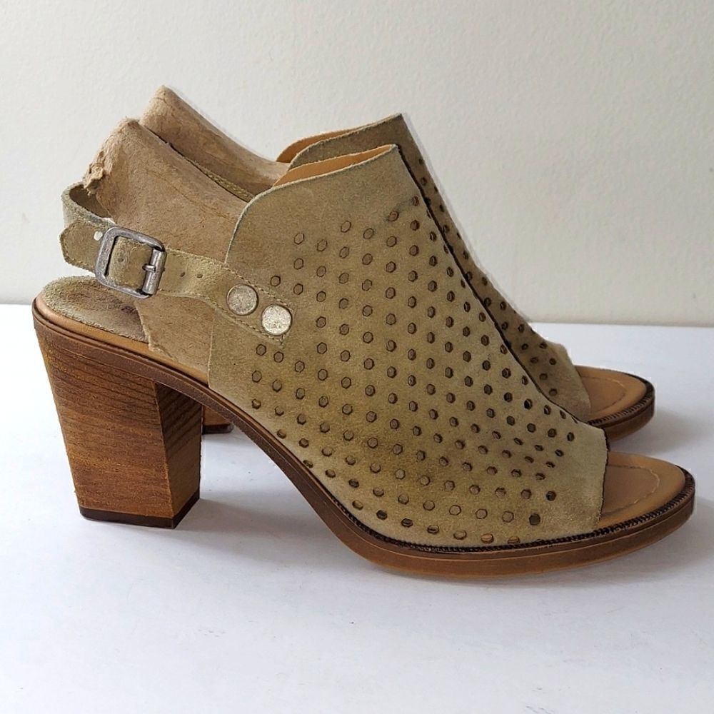 Barbara Barbieri Perforated Taupe Suede Block Heel Sandals Sz 10